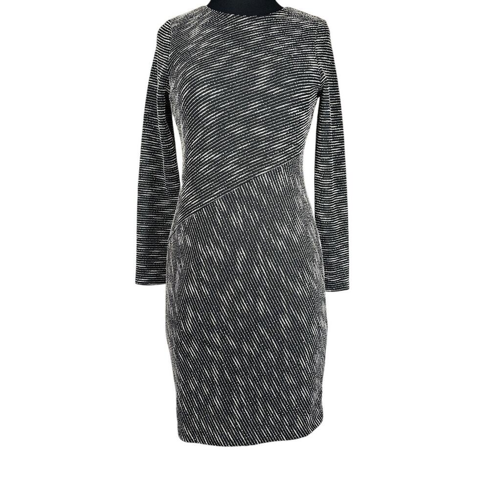 Banana Republic Black White Tweed Striped Sheath Long Sleeve Cocktail Dress Sz 0